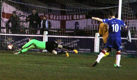 Paul Sullivan makes it 1-0 to Chasetown. Pic: Dave Birt