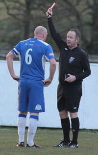 Richard Teesdale is shown the red card. Pic: Dave Birt