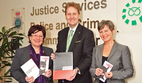 crimestoppers Pauline Hadley (Crimestoppers), Matthew Ellis and Jayne Jones (Staffordshire Volunteer Committee) with the new leaflets