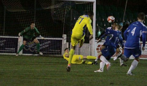 Dan Jacob curls in the only goal of the game to beat Chasetown. Pic: Dave Birt