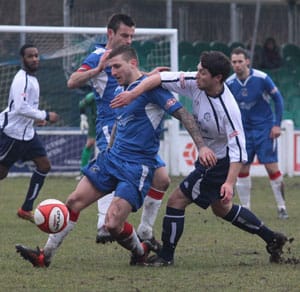 Danny Bragoli battles for the ball. Pic: Dave Birt