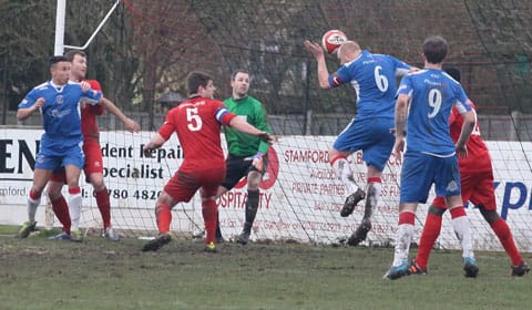 Richard Teesdale nods home the late winner. Pic: Dave Birt