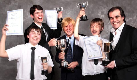 School-Speaking-Comp-8.3.13-John-Taylor-High Daniel Ruttley, Daniel Pettingale and Robert Adderley from John Taylor High School with Michael Fabricant MP and Simon Price from Arthur Price of England