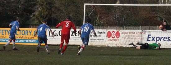 Simon Brown opens the scoring from the penalty spot. Pic: Dave Birt