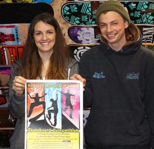 Stephy-Easter-and-James-Hutton-Ashkenny-1 Stephy Easter and James Hutton-Ashkenny with a poster for the skateboard competition