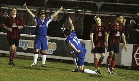 Greg Downes (12) celebrates finding the net. Pic: Dave Birt