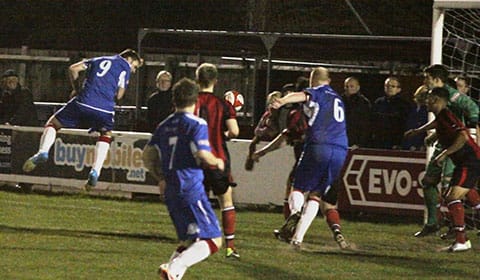 Nick Wellecomme heads the ball home. Pic: Dave Birt