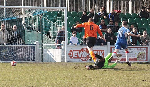 Paul Sullivan makes it 2-0 to Chasetown. Pic: Dave Birt