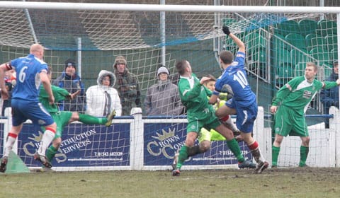 Paul-Sullivan--slams-home-3-0 Paul Sullivan makes it 3-0 to Chasetown against Atherstone. Pic: Dave Birt