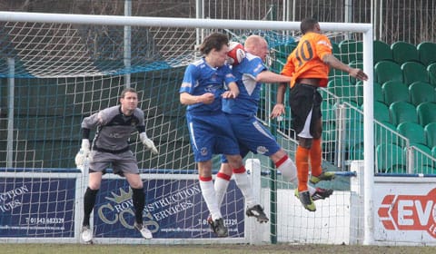 Chasetown's defence stands firm against a rare Carlton Town attack. Pic: Dave Birt