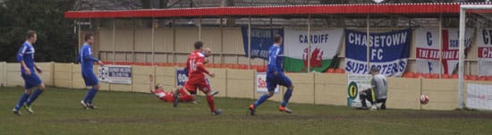 Paul Sullivan slots home to give Chasetown a win at Kidsgrove Athletic. Pic: Pamela Mullins