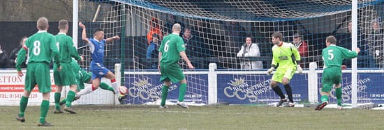 Theo-Robinson--1-0 Theo Robinson opens the scoring for Chasetown against Halesowen Town. Pic: Dave Birt