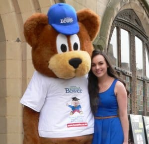 Boswell the Bear with the 2012 Bower Queen Rosie Smith