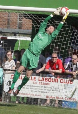 Ryan Price saves at full stretch. Pic: Dave Birt