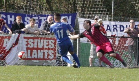 Theo Robinson scores Chasetown's winner against Coalville. Pic: Dave Birt