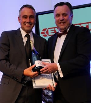 Craig Harris (left) receiving his manager of the month award. Pic: Evo-Stik Northern Premier League