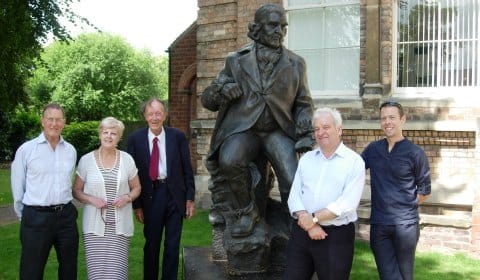 Tony Barnard, Jenny Arthur, Desmond King-Hele, Sir Paul Nurse and Peter Walker with the statue of Erasmus Darwin in Beacon Park