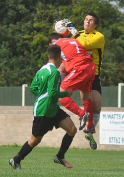 The Bishops Cleeve goalkeeper comes under pressure. Pic: Pamela Mullins