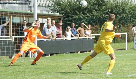 Lichfield keeper Ryan Moore sees a ball head goalwards. Pic: Mick Tyler