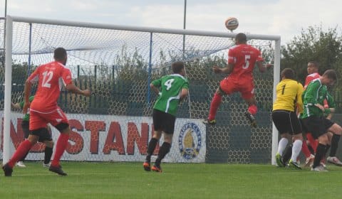 Tesfa Robinson heads home, only to see his goal disallowed. Pic: Pamela Mullins