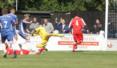 Leigh Downing opens the scoring for Chasetown. Pic: Dave Birt