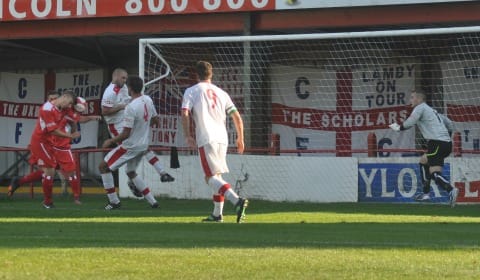 Danny Griffiths heads home the winner for Chasetown FC. Pic: Pamela Mullins