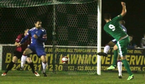 Mitchell Piggon scores against Chasetown. Pic: Dave Birt