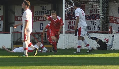 Danny Griffiths celebrates his debut goal. Pic: Pamela Mullins