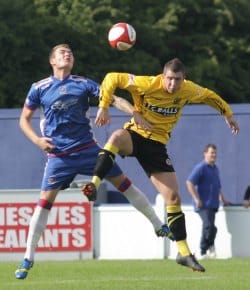 Louis Keenan battles for the ball in the air. Pic: Dave Birt