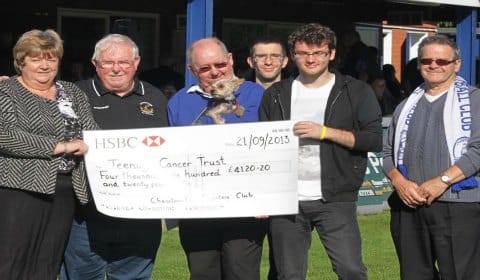 Stephen Sutton receives a fundraising cheque from Chasetown FC staff and supporters