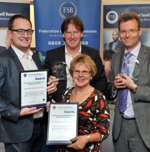 Matthew Fletcher, Richard King and James Roberts from the Tamworth Borough Council and Lichfield District Council Economic Development Shared Service with Jenny Cartwright, Chairman of the FSB Burton, Lichfield and Tamworth branch