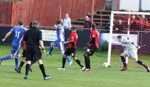 Grant Beckett finds the net after just 15 seconds against Redditch United. Pic: Dave Birt