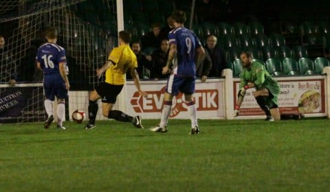 Danny Griffiths slides home an equaliser for Chasetown FC. Pic: Dave Birt