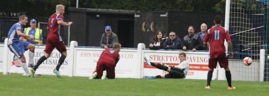 Paul Sullivan scores the equaliser for Chasetown. Pic: Dave Birt