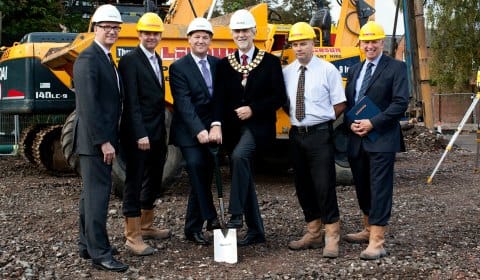 David Clancy, Mark Greasby, John Bates, David Leytham, Carl Allen and Neil Coote get work underway on the new Lichfield city centre hotel