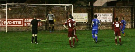 Simon Brown scores from the penalty spot against Gresley. Pic: Dave Birt