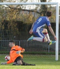 Nick Wellecomme scores for Chasetown against Goole. Pic: Dave Birt