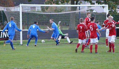 Todd Perry celebrates his goal for Lichfield City FC against Littleton. Pic: Mick Tyler