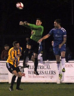 Nick Wellecomme puts the Sporting Khalsa keeper under pressure. Pic: Pamela Mullins
