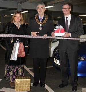 Ruth Plant and Cllr David Leytham join David Clancy for the official opening of the car park