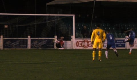 Simon Brown scores from the penalty spot. Pic: Pamela Mullins