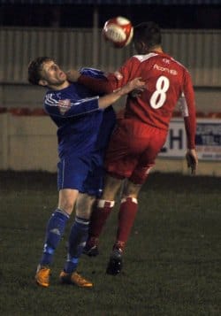 Danny Bragoli wins the ball in the air. Pic: Pamela Mullins