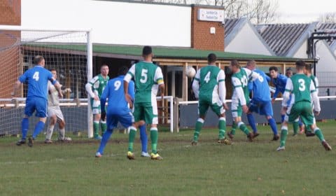 A goalmouth scramble in the game between Lichfield City and Bromsgrove Sporting. Pic: Mick Tyler