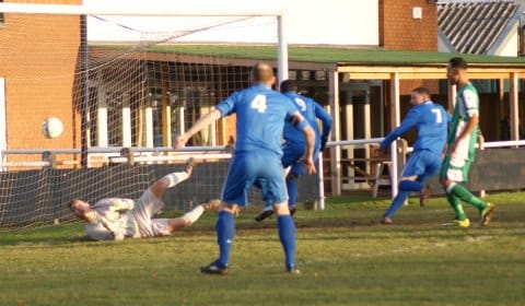 Lichfield City pressure the Bromsgrove goal. Pic: Mick Tyler