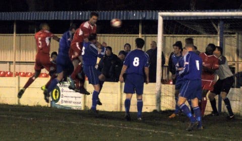 Nick Wellecomme climbs highest as the Kidsgrove goal comes under pressure. Pic: Pamela Mullins