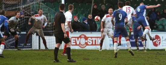 Richard Teesdale powers home a header. Pic: Dave Birt