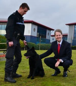 PC Matt Butterworth with police dog Jax and Police and Crime Commissioner Matthew Ellis
