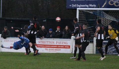 Tesfa Robinson rifles home the opener for Chasetown. Pic: Dave Birt