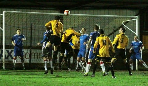 Rushall Olympic take the lead against Chasetown. Pic: Dave Birt