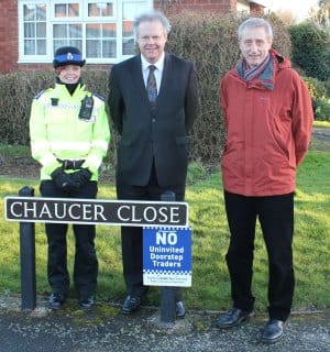 PCSO Nia Nokes, Cllr Colin Greatorex and Bob Haynes in one of the 'no cold calling' zones